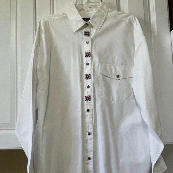 Barbara Blue White Long Sleeve Women Button Up Collared Shirt L Beaded Front - Picture 3 of 11